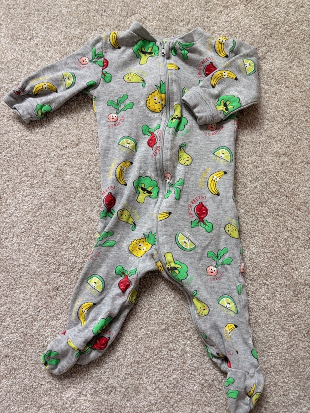 George Grey Footed One-Piece with Fruit & Veg Prints - Picture 1 of 4